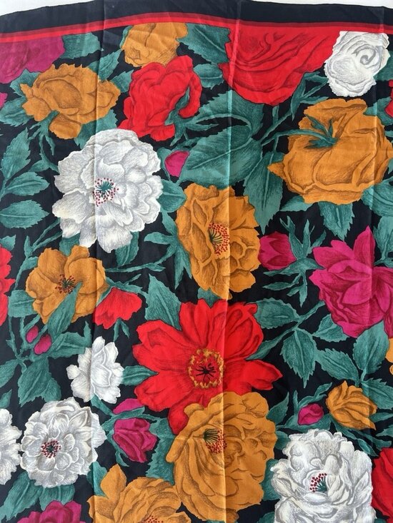 Vintage CORNELIA JAMES SILK Scarf Print Floral Black Red Gold White 30" x 30" - Picture 1 of 7